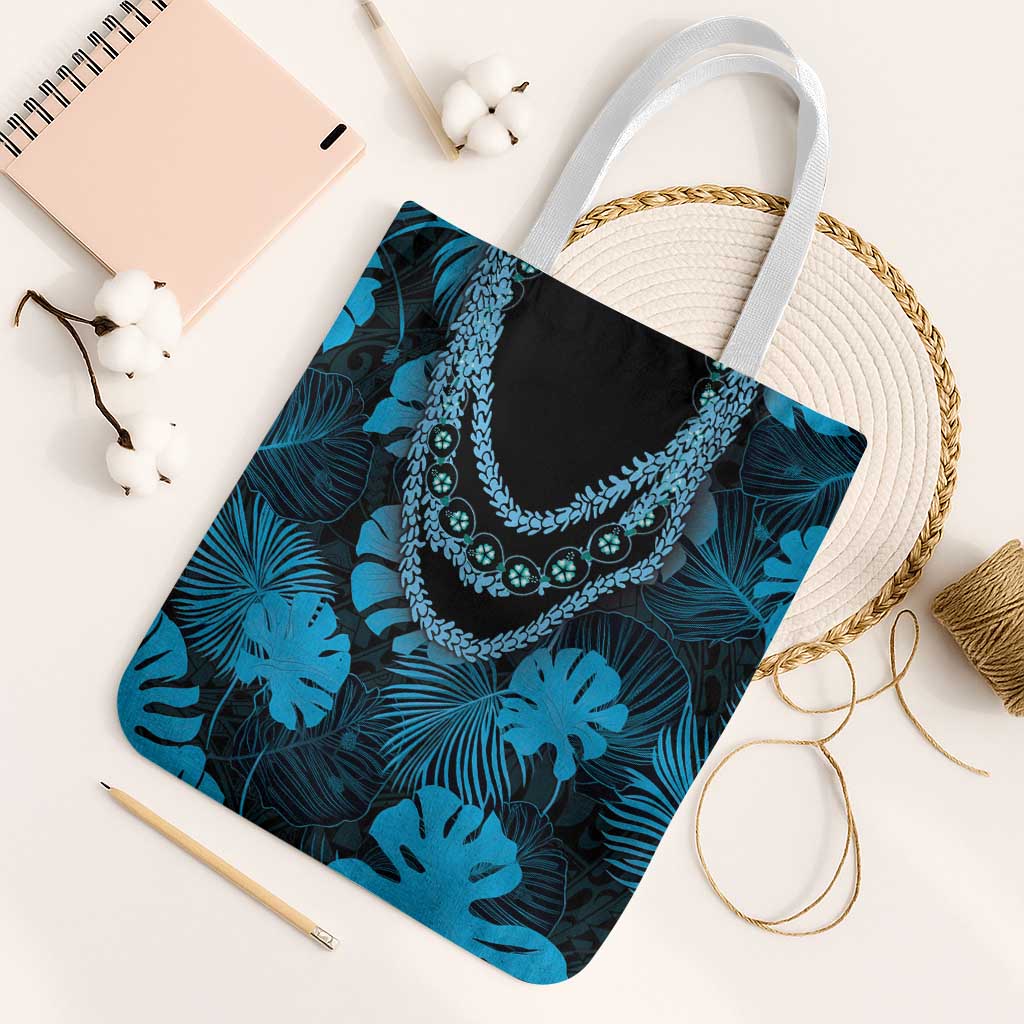 Blue Hawaii Kukui Nut Lei Tote Bag Hawaiian Pattern Monstera Tropical Vibes - Polynesian Pride