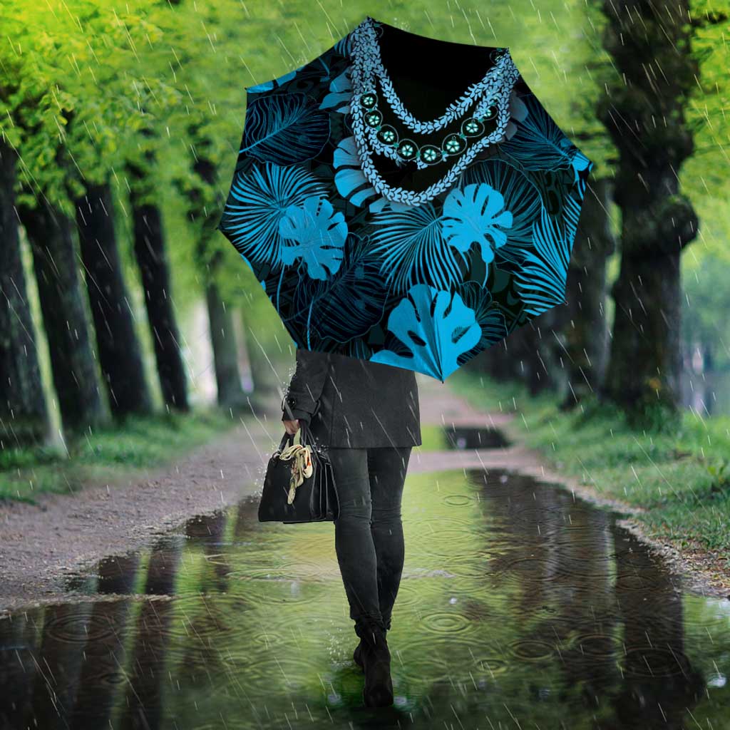 Blue Hawaii Kukui Nut Lei Umbrella Hawaiian Pattern Monstera Tropical Vibes - Polynesian Pride