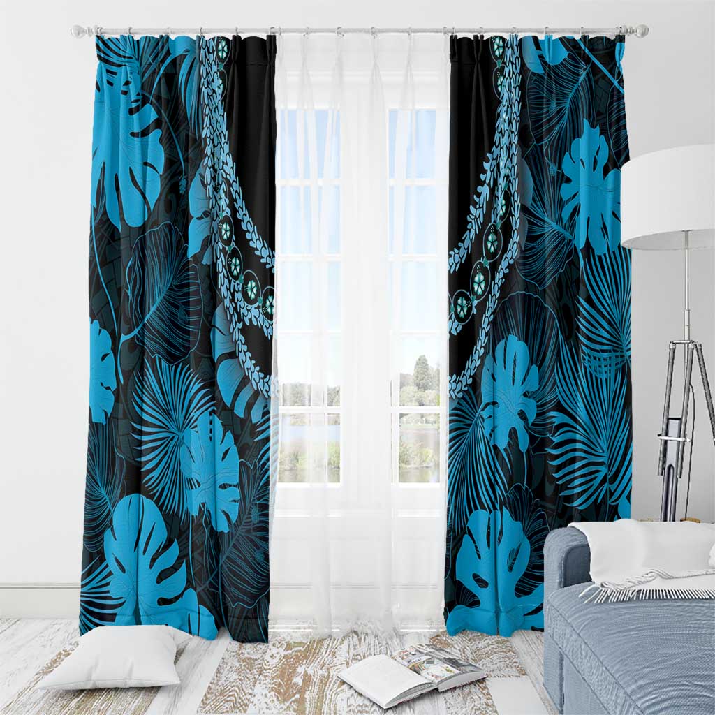 Blue Hawaii Kukui Nut Lei Window Curtain Hawaiian Pattern Monstera Tropical Vibes - Polynesian Pride