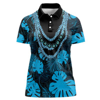 Blue Hawaii Kukui Nut Lei Women Polo Shirt Hawaiian Pattern Monstera Tropical Vibes - Polynesian Pride
