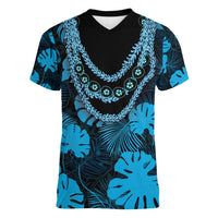 Blue Hawaii Kukui Nut Lei Women V-Neck T-Shirt Hawaiian Pattern Monstera Tropical Vibes - Polynesian Pride