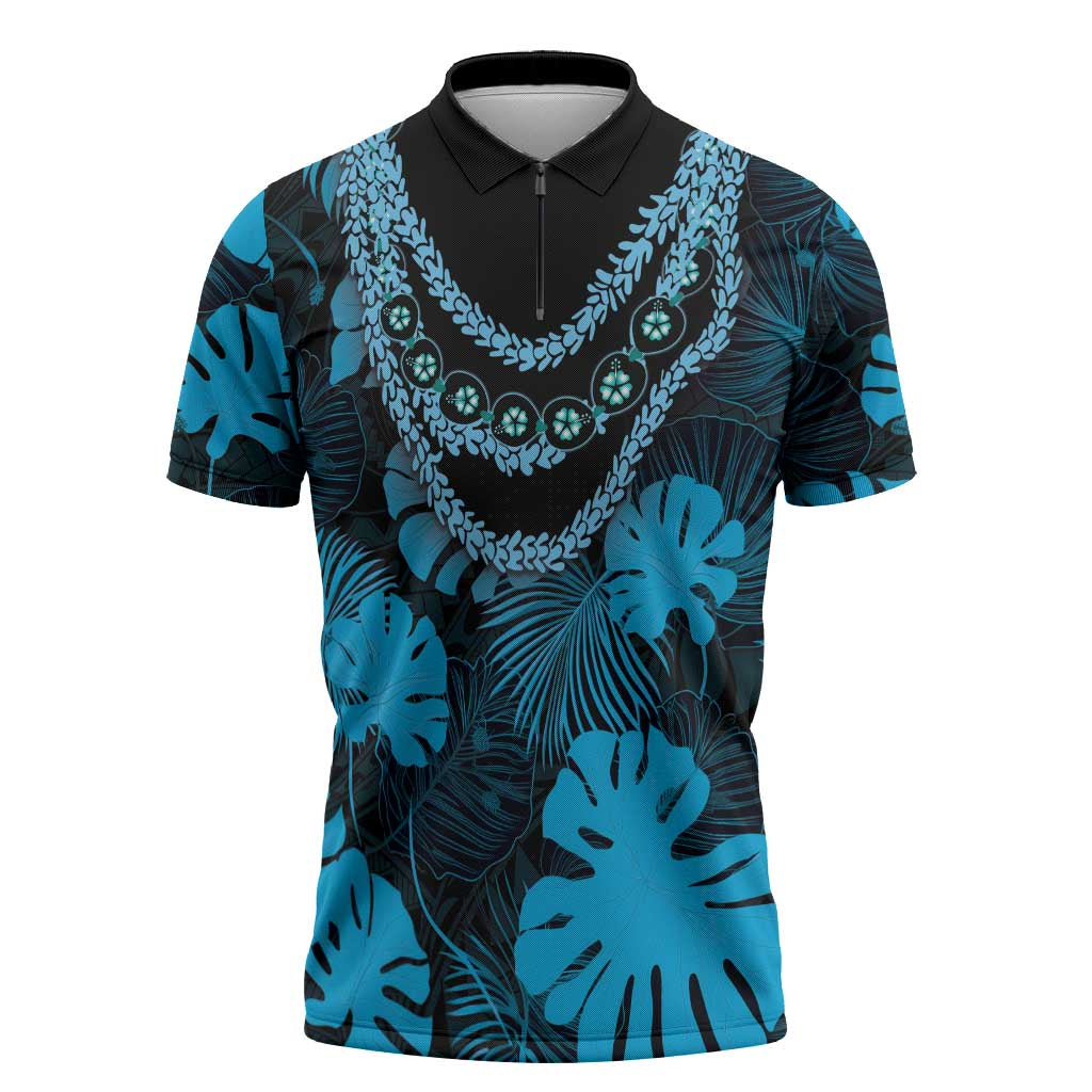 Blue Hawaii Kukui Nut Lei Zipper Polo Shirt Hawaiian Pattern Monstera Tropical Vibes - Polynesian Pride