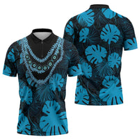 Blue Hawaii Kukui Nut Lei Zipper Polo Shirt Hawaiian Pattern Monstera Tropical Vibes - Polynesian Pride