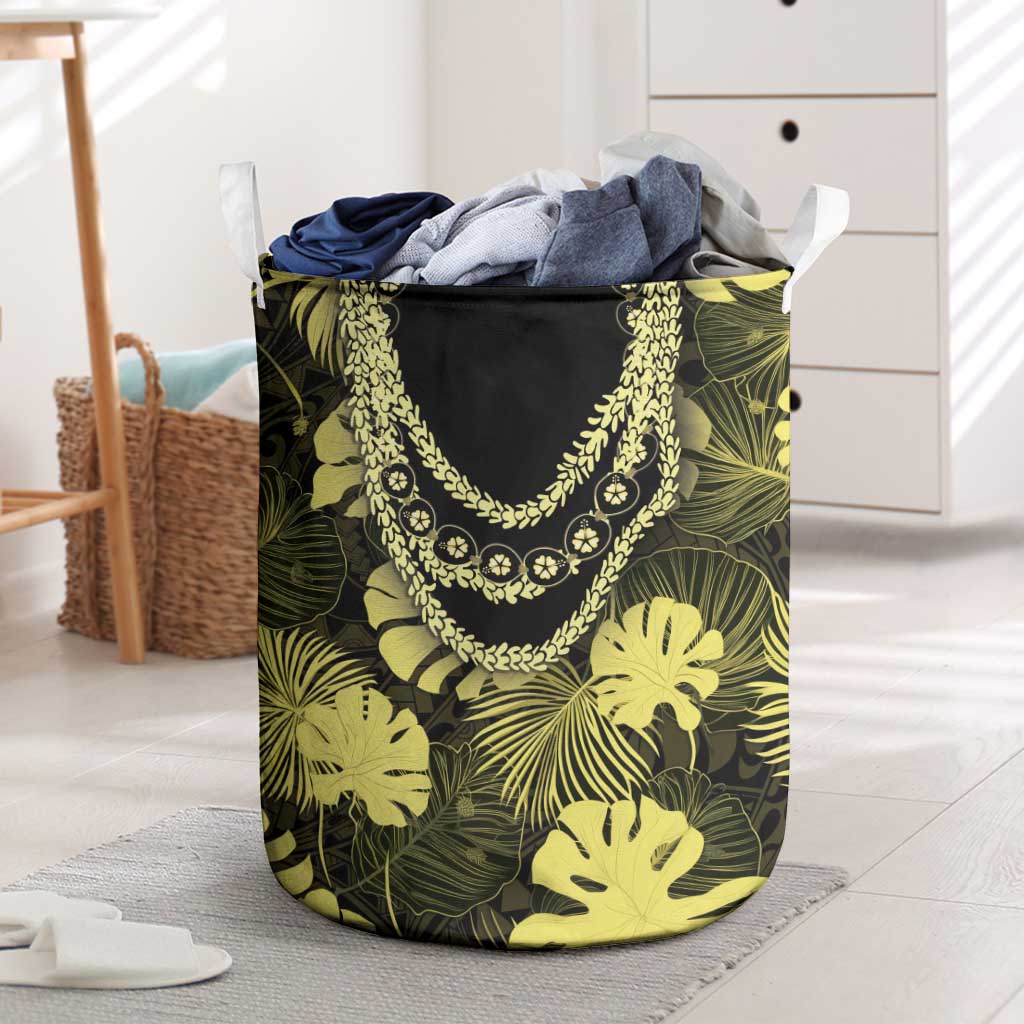Yellow Hawaii Kukui Nut Lei Laundry Basket Hawaiian Pattern Monstera Tropical Vibes - Polynesian Pride