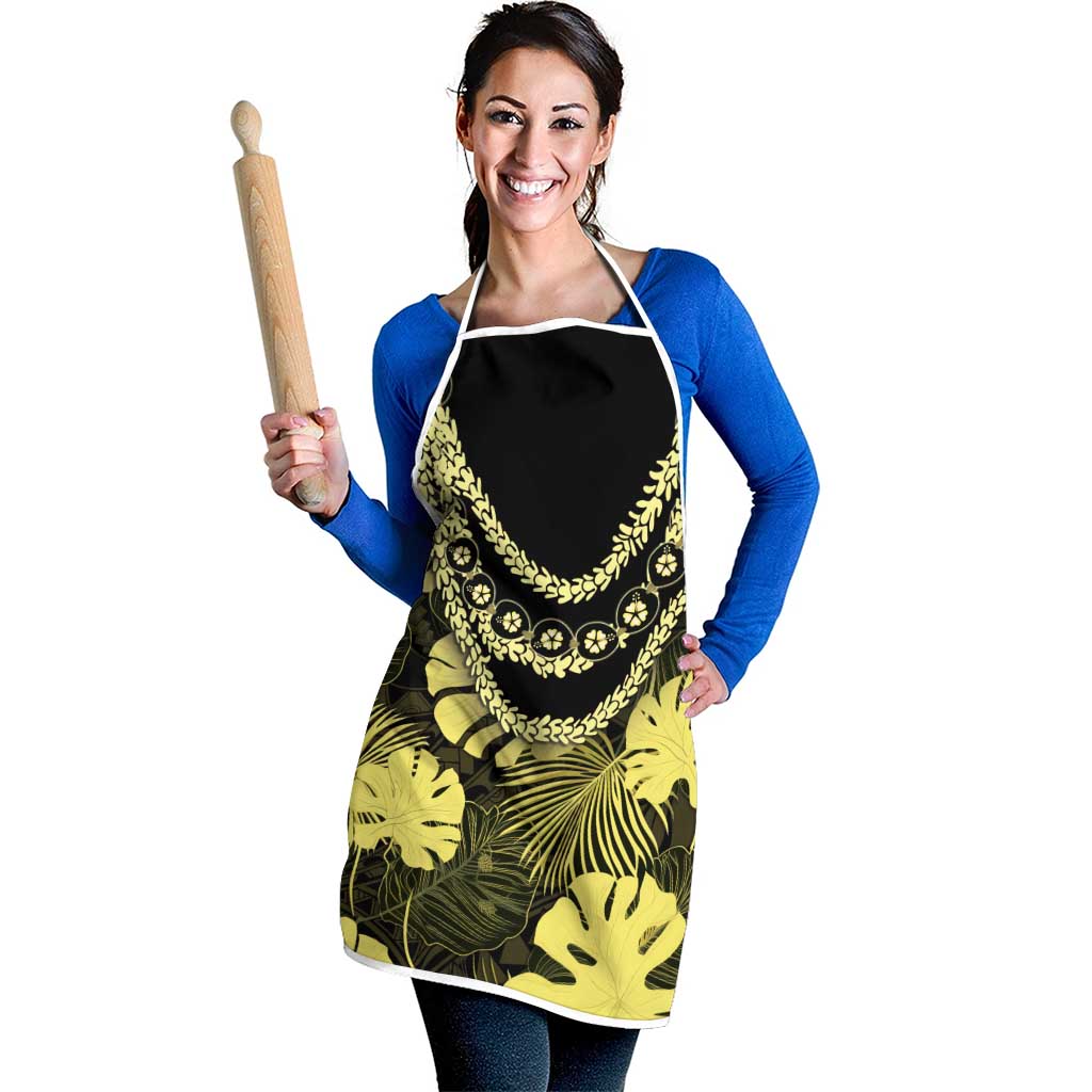 Yellow Hawaii Kukui Nut Lei Apron Hawaiian Pattern Monstera Tropical Vibes - Polynesian Pride