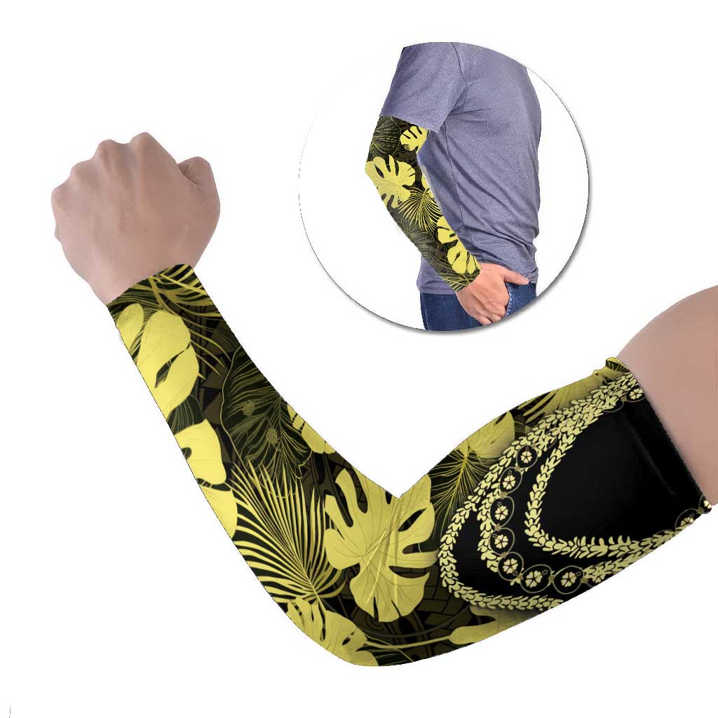 Yellow Hawaii Kukui Nut Lei Arm Sleeves Hawaiian Pattern Monstera Tropical Vibes - Polynesian Pride