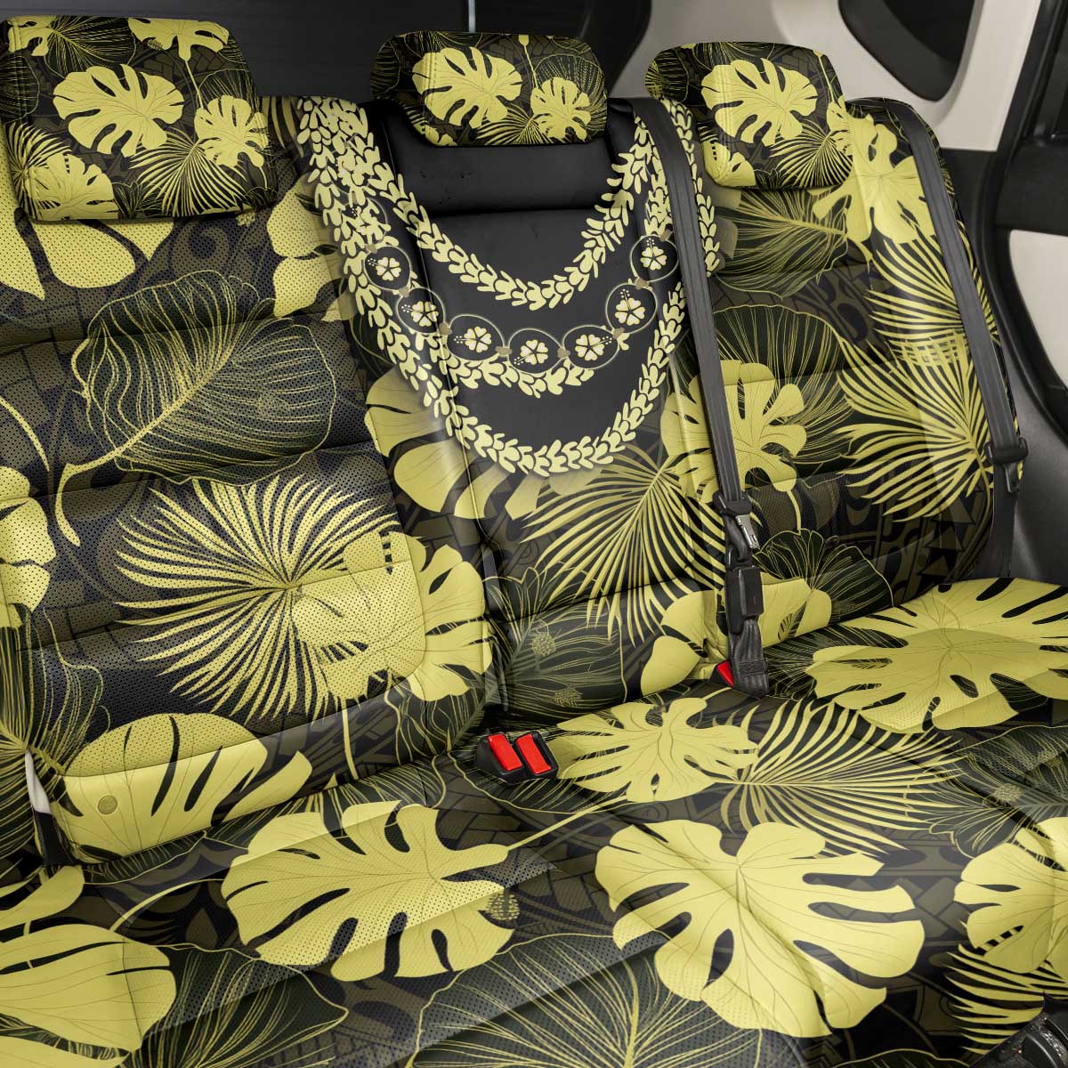 Yellow Hawaii Kukui Nut Lei Back Car Seat Cover Hawaiian Pattern Monstera Tropical Vibes - Polynesian Pride