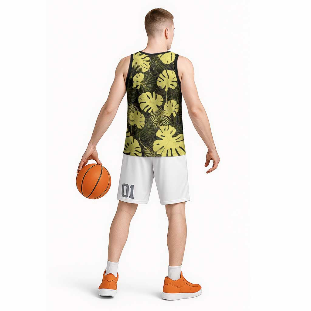 Yellow Hawaii Kukui Nut Lei Basketball Jersey Hawaiian Pattern Monstera Tropical Vibes - Polynesian Pride