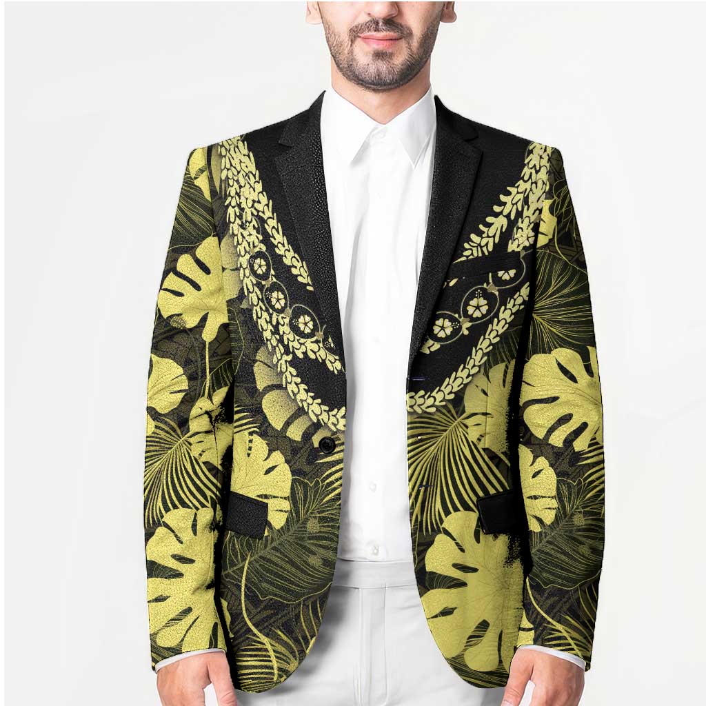 Yellow Hawaii Kukui Nut Lei Blazer Hawaiian Pattern Monstera Tropical Vibes - Polynesian Pride