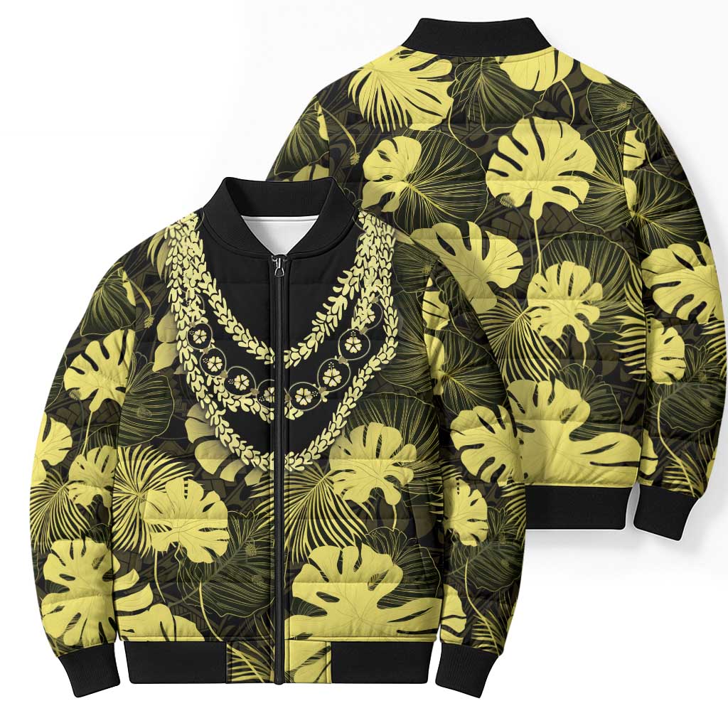 Yellow Hawaii Kukui Nut Lei Bomber Puffer Jacket Hawaiian Pattern Monstera Tropical Vibes - Polynesian Pride