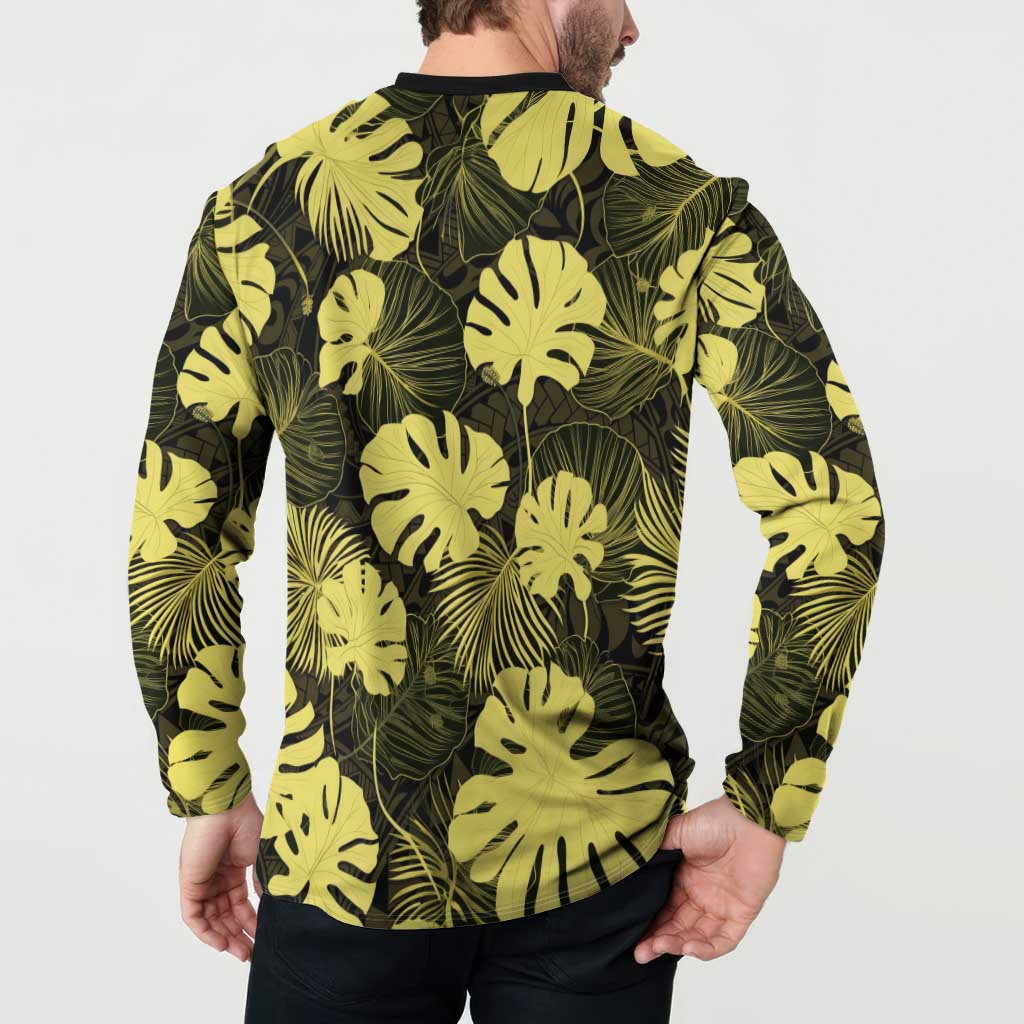 Yellow Hawaii Kukui Nut Lei Button Sweatshirt Hawaiian Pattern Monstera Tropical Vibes - Polynesian Pride