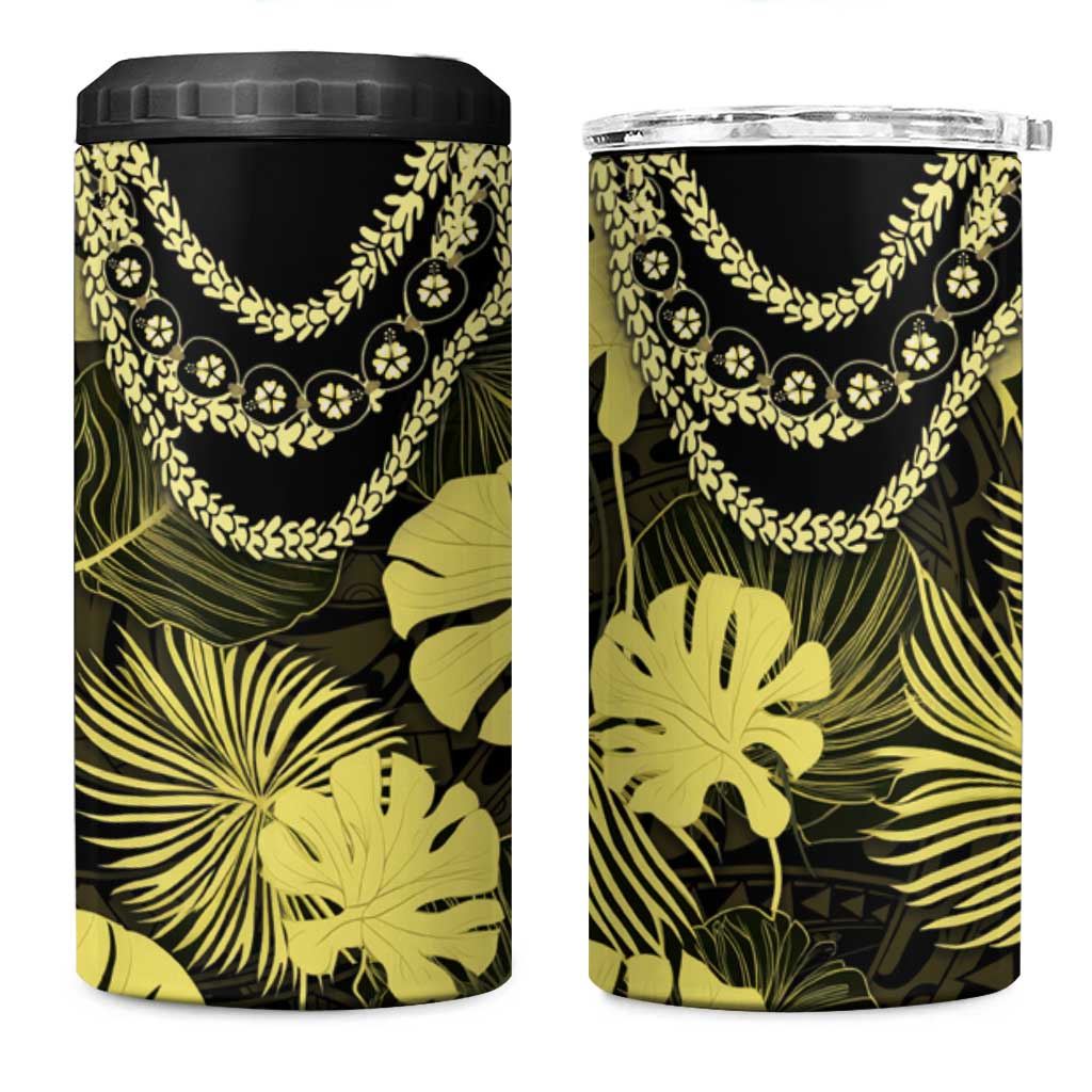 Yellow Hawaii Kukui Nut Lei 4 in 1 Can Cooler Tumbler Hawaiian Pattern Monstera Tropical Vibes - Polynesian Pride