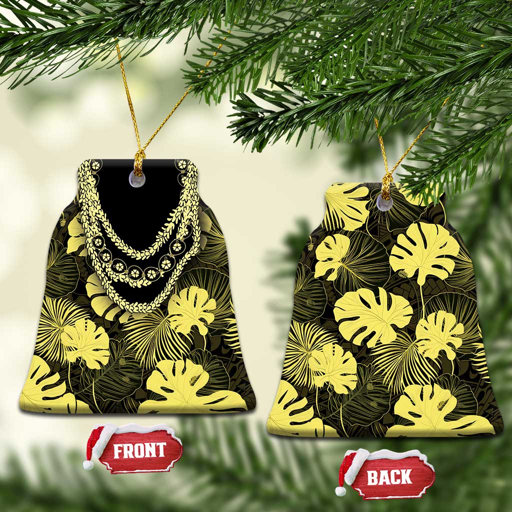 Yellow Hawaii Kukui Nut Lei Ceramic Ornament Hawaiian Pattern Monstera Tropical Vibes - Polynesian Pride