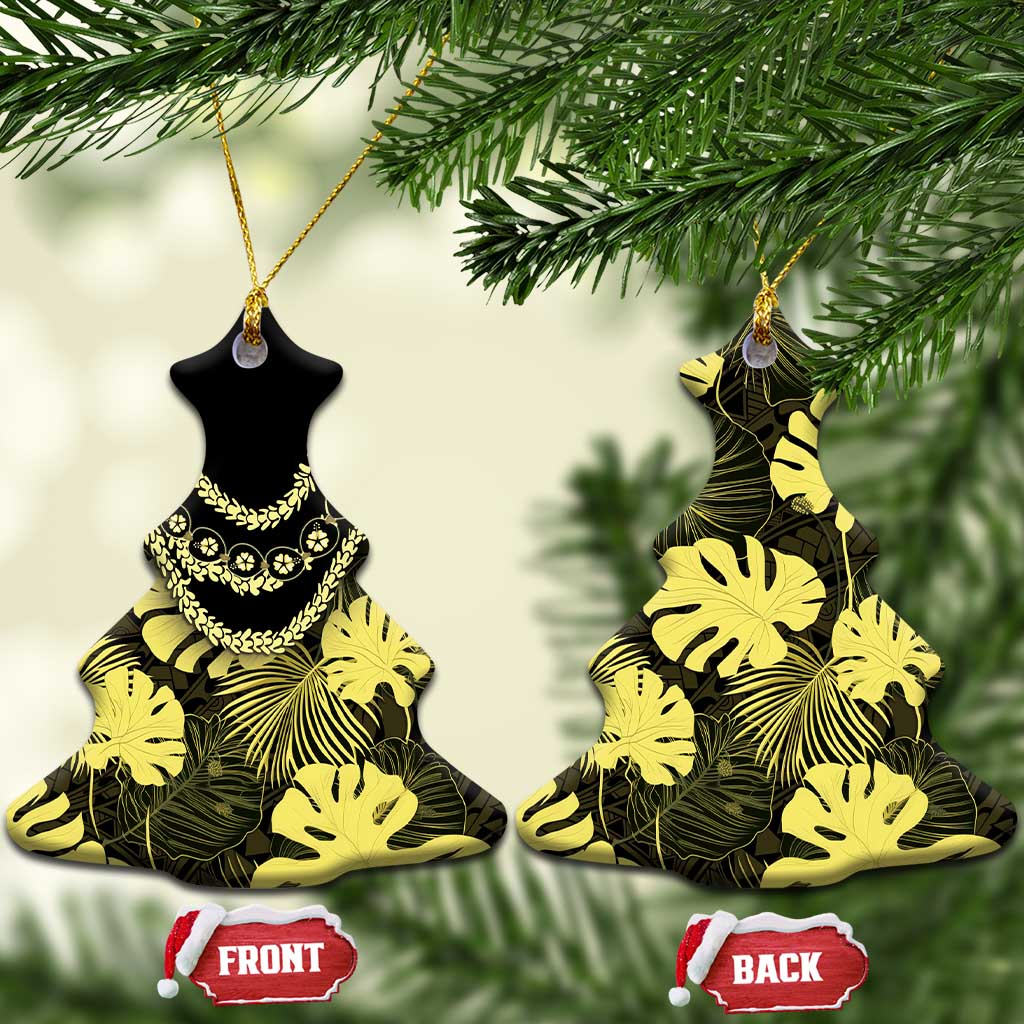 Yellow Hawaii Kukui Nut Lei Ceramic Ornament Hawaiian Pattern Monstera Tropical Vibes - Polynesian Pride