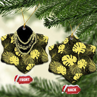 Yellow Hawaii Kukui Nut Lei Ceramic Ornament Hawaiian Pattern Monstera Tropical Vibes - Polynesian Pride