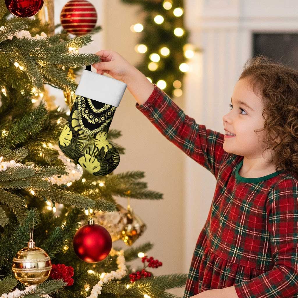 Yellow Hawaii Kukui Nut Lei Christmas Stocking Hawaiian Pattern Monstera Tropical Vibes - Polynesian Pride