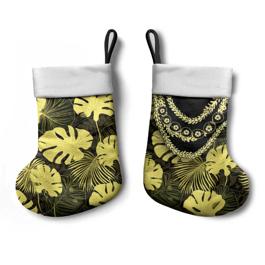 Yellow Hawaii Kukui Nut Lei Christmas Stocking Hawaiian Pattern Monstera Tropical Vibes - Polynesian Pride