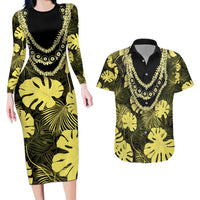 Yellow Hawaii Kukui Nut Lei Couples Matching Long Sleeve Bodycon Dress and Hawaiian Shirt Hawaiian Pattern Monstera Tropical Vibes - Polynesian Pride