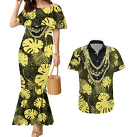 Yellow Hawaii Kukui Nut Lei Couples Matching Mermaid Dress and Hawaiian Shirt Hawaiian Pattern Monstera Tropical Vibes - Polynesian Pride