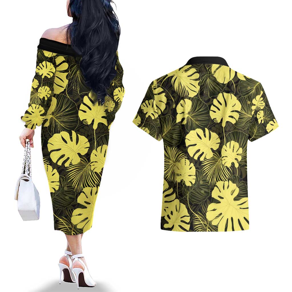 Yellow Hawaii Kukui Nut Lei Couples Matching Off The Shoulder Long Sleeve Dress and Hawaiian Shirt Hawaiian Pattern Monstera Tropical Vibes - Polynesian Pride