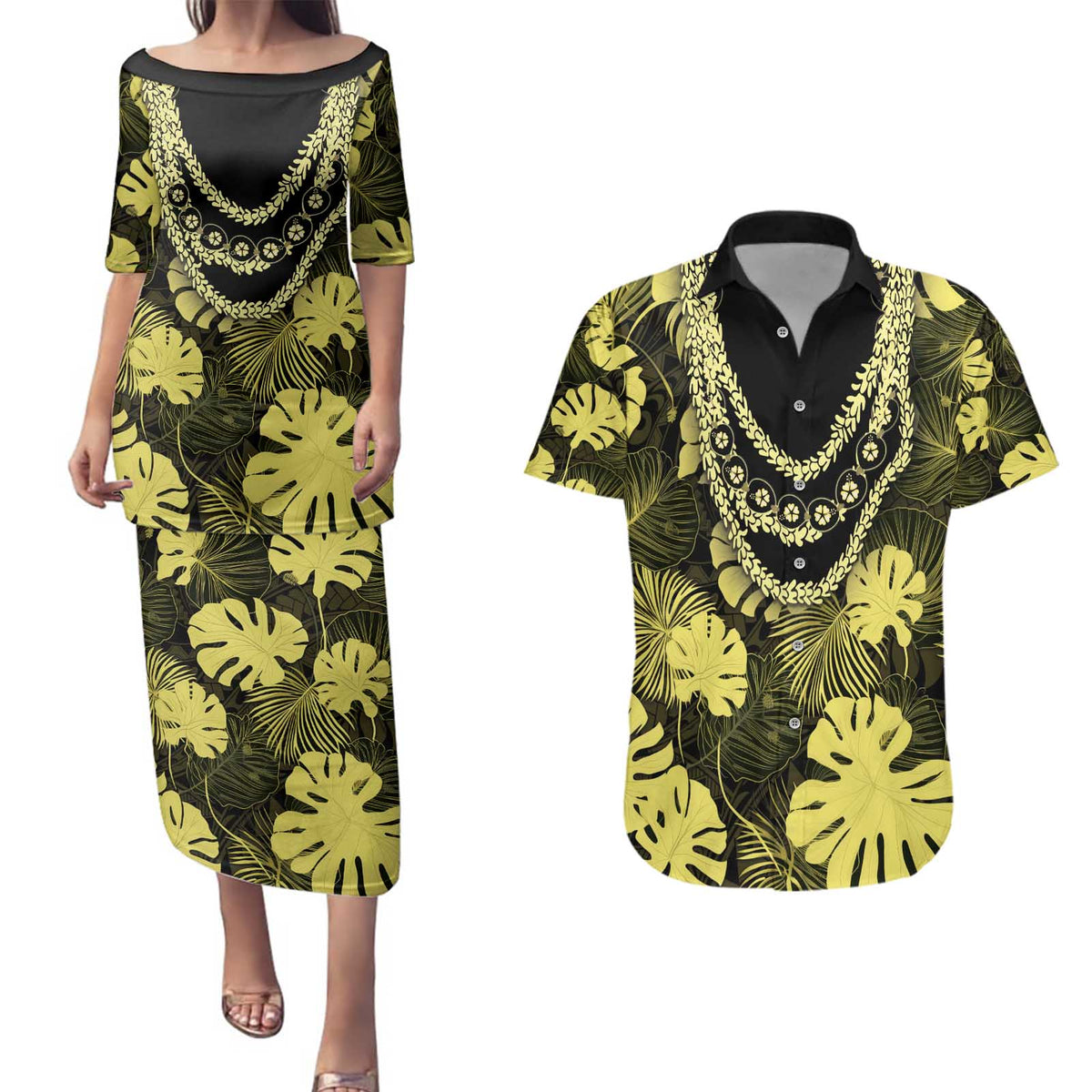 Yellow Hawaii Kukui Nut Lei Couples Matching Puletasi and Hawaiian Shirt Hawaiian Pattern Monstera Tropical Vibes - Polynesian Pride