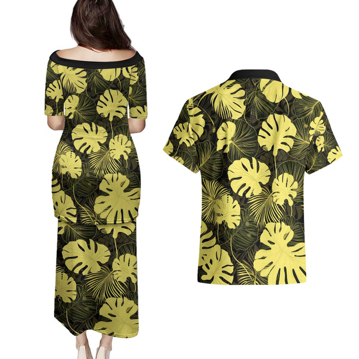 Yellow Hawaii Kukui Nut Lei Couples Matching Puletasi and Hawaiian Shirt Hawaiian Pattern Monstera Tropical Vibes - Polynesian Pride