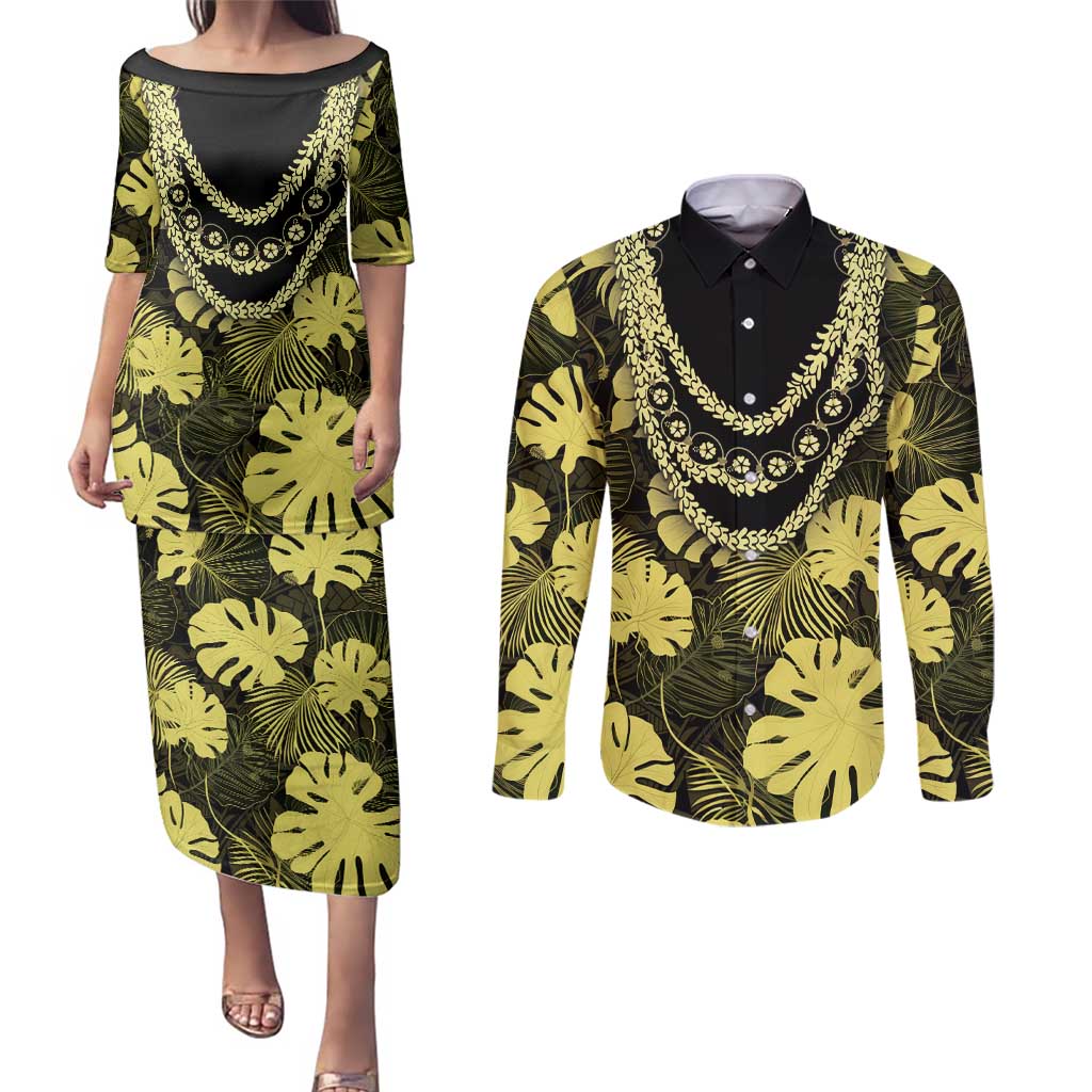 Yellow Hawaii Kukui Nut Lei Couples Matching Puletasi and Long Sleeve Button Shirt Hawaiian Pattern Monstera Tropical Vibes - Polynesian Pride