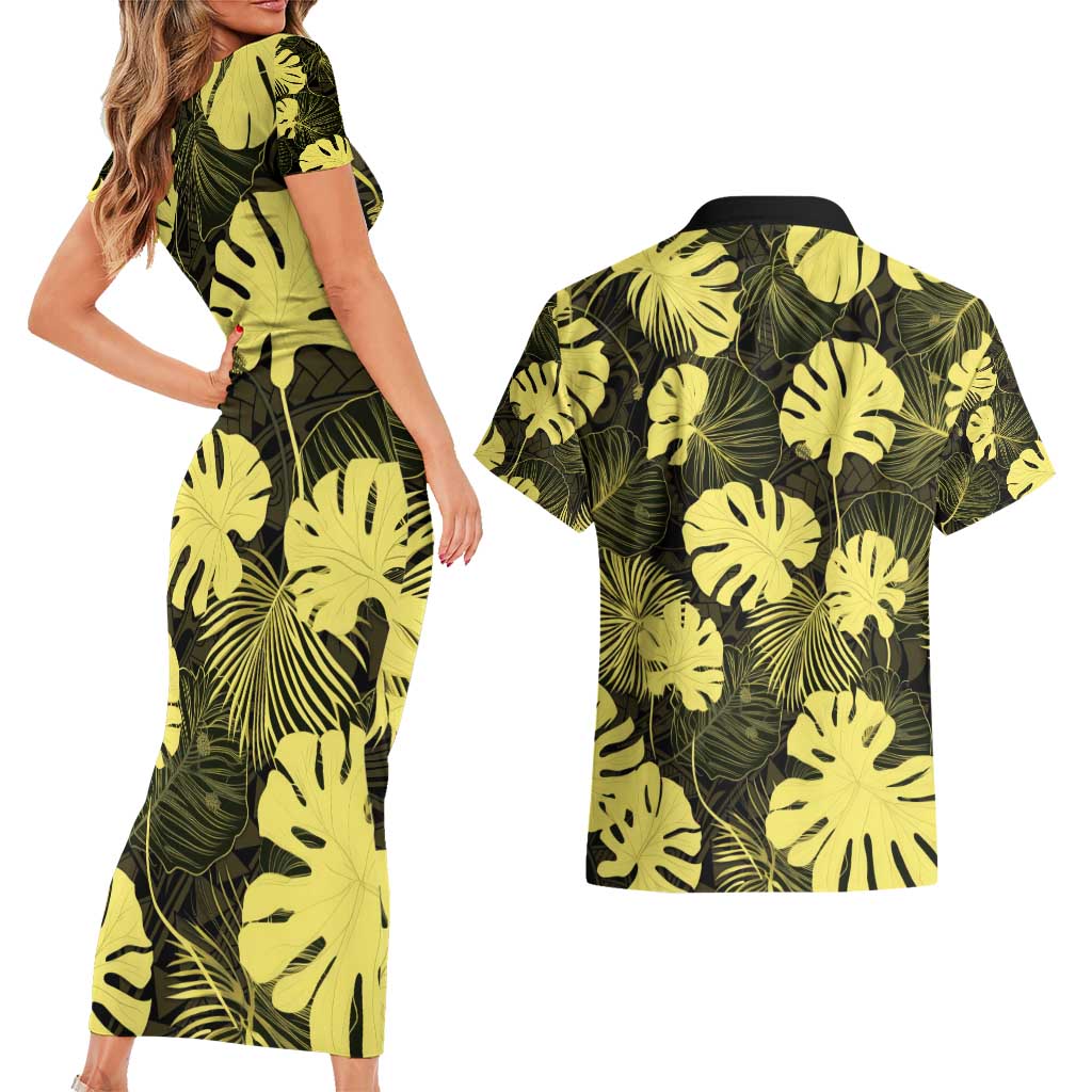 Yellow Hawaii Kukui Nut Lei Couples Matching Short Sleeve Bodycon Dress and Hawaiian Shirt Hawaiian Pattern Monstera Tropical Vibes - Polynesian Pride