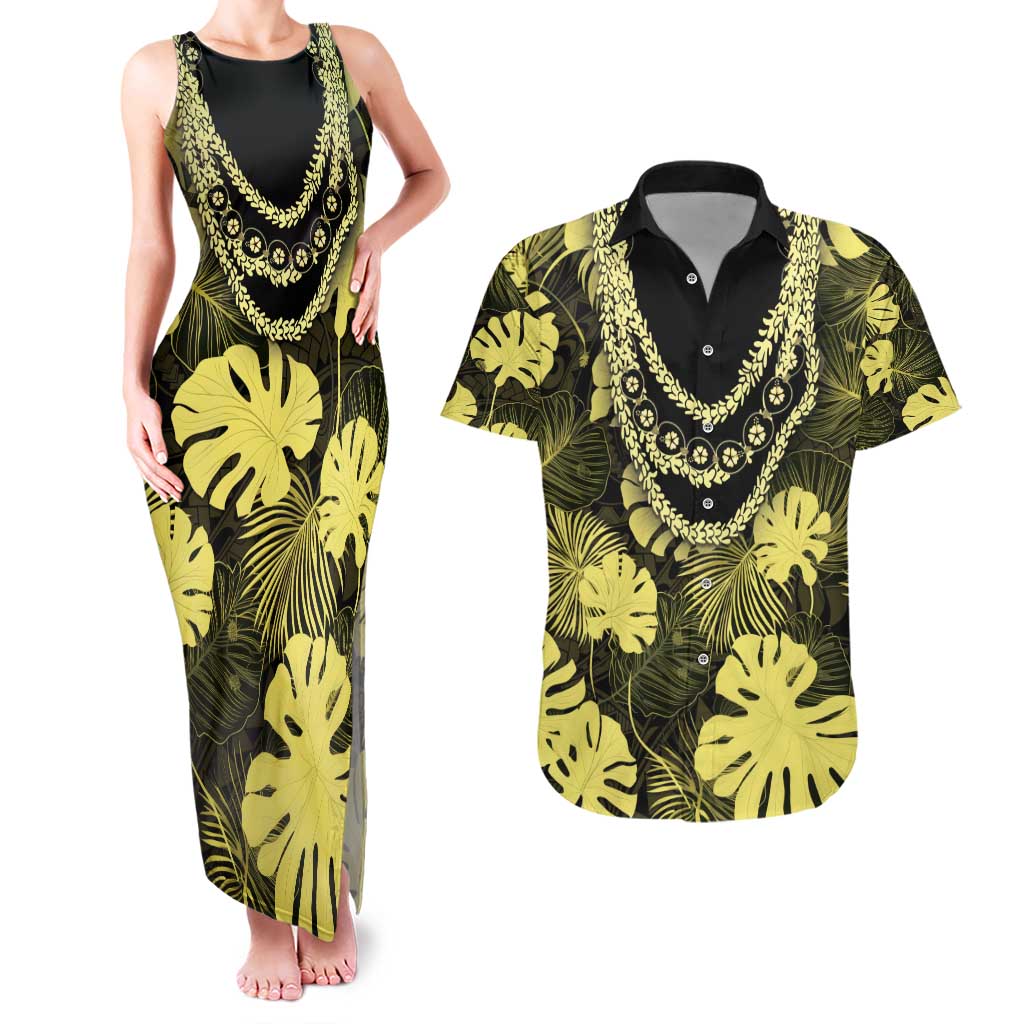 Yellow Hawaii Kukui Nut Lei Couples Matching Tank Maxi Dress and Hawaiian Shirt Hawaiian Pattern Monstera Tropical Vibes - Polynesian Pride