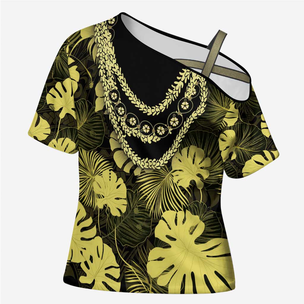 Yellow Hawaii Kukui Nut Lei Cross Shoulder Shirt Hawaiian Pattern Monstera Tropical Vibes - Polynesian Pride