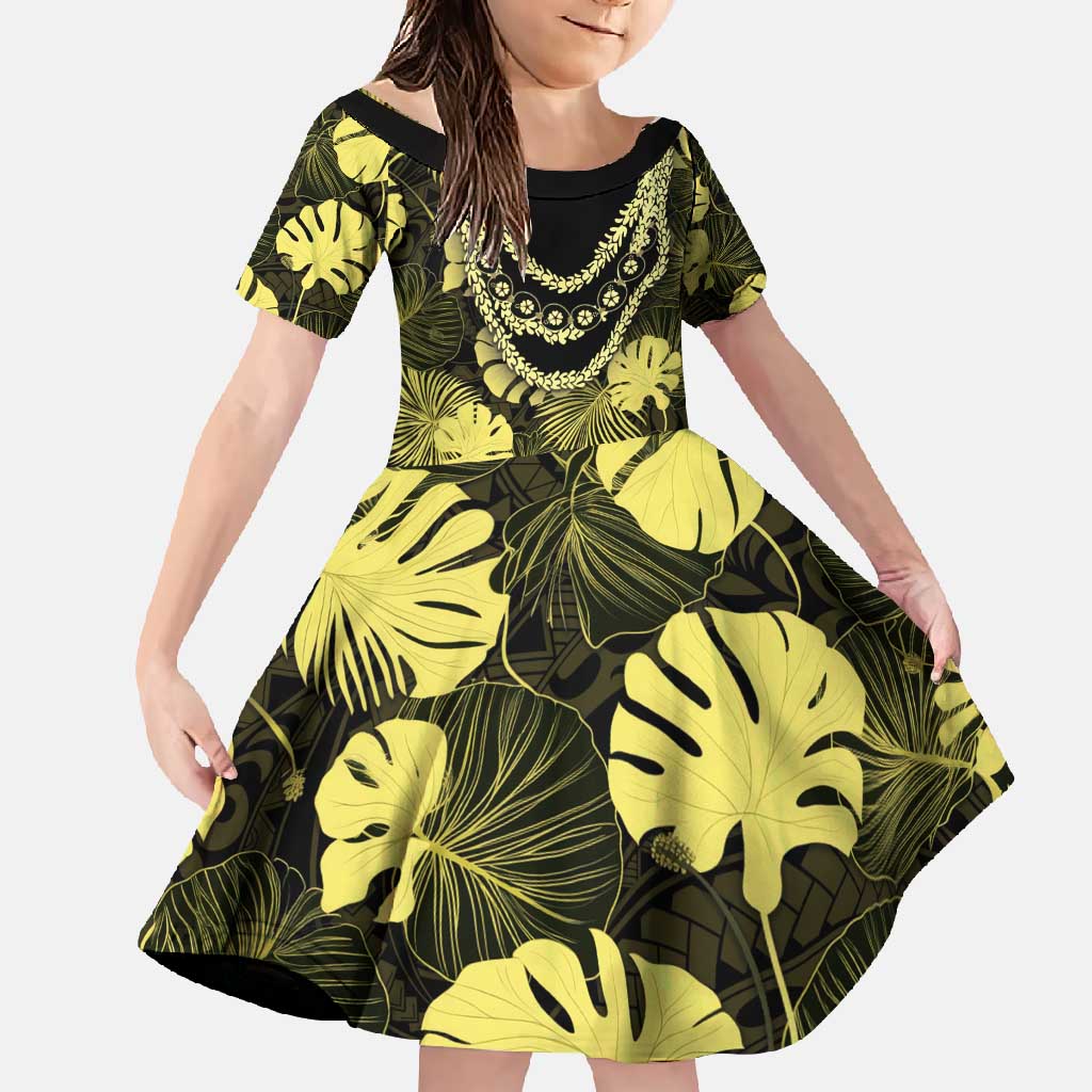 Yellow Hawaii Kukui Nut Lei Family Matching Long Sleeve Bodycon Dress and Hawaiian Shirt Hawaiian Pattern Monstera Tropical Vibes - Polynesian Pride