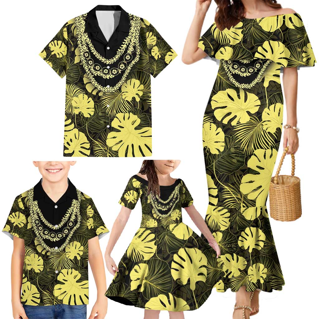 Yellow Hawaii Kukui Nut Lei Family Matching Mermaid Dress and Hawaiian Shirt Hawaiian Pattern Monstera Tropical Vibes - Polynesian Pride
