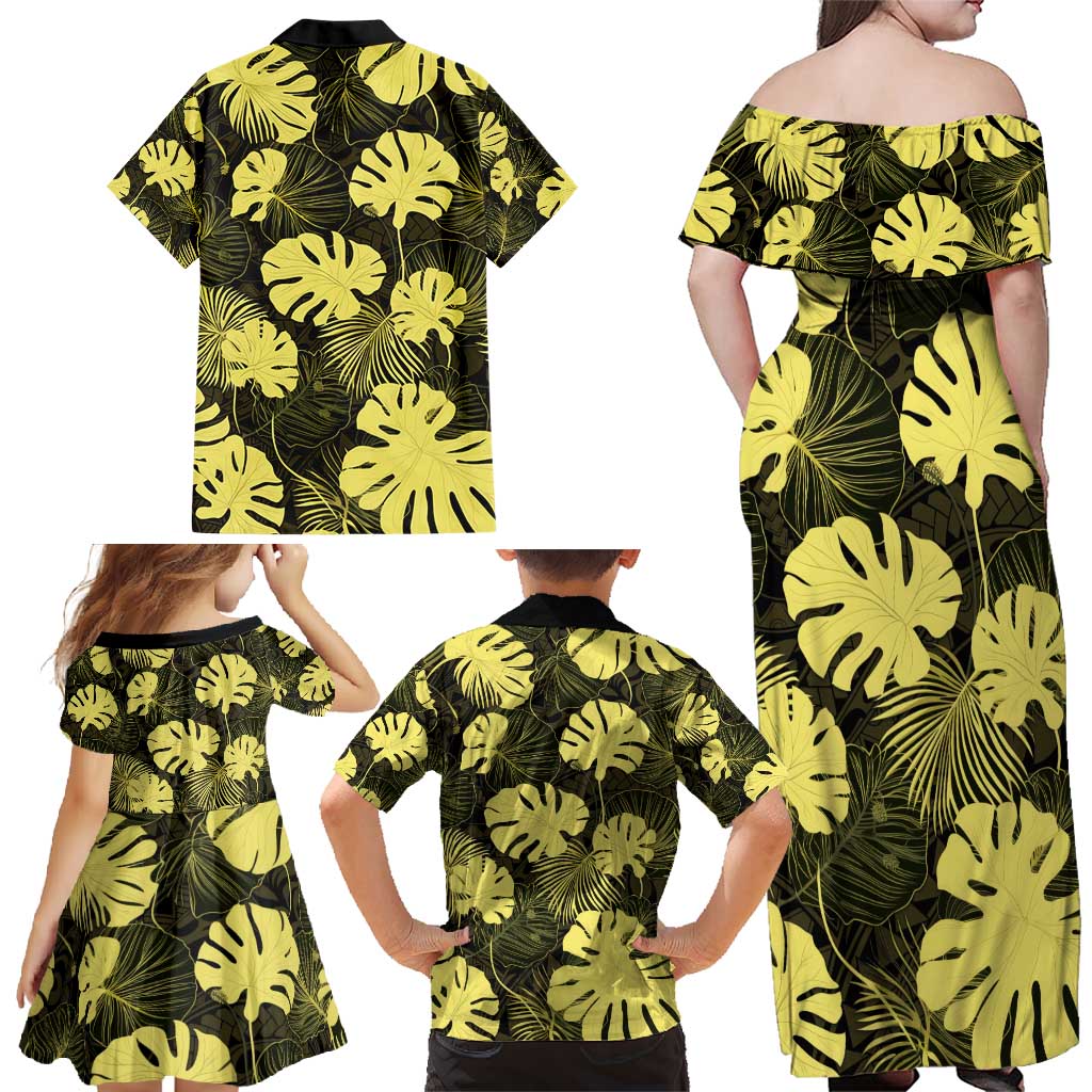 Yellow Hawaii Kukui Nut Lei Family Matching Off Shoulder Maxi Dress and Hawaiian Shirt Hawaiian Pattern Monstera Tropical Vibes - Polynesian Pride