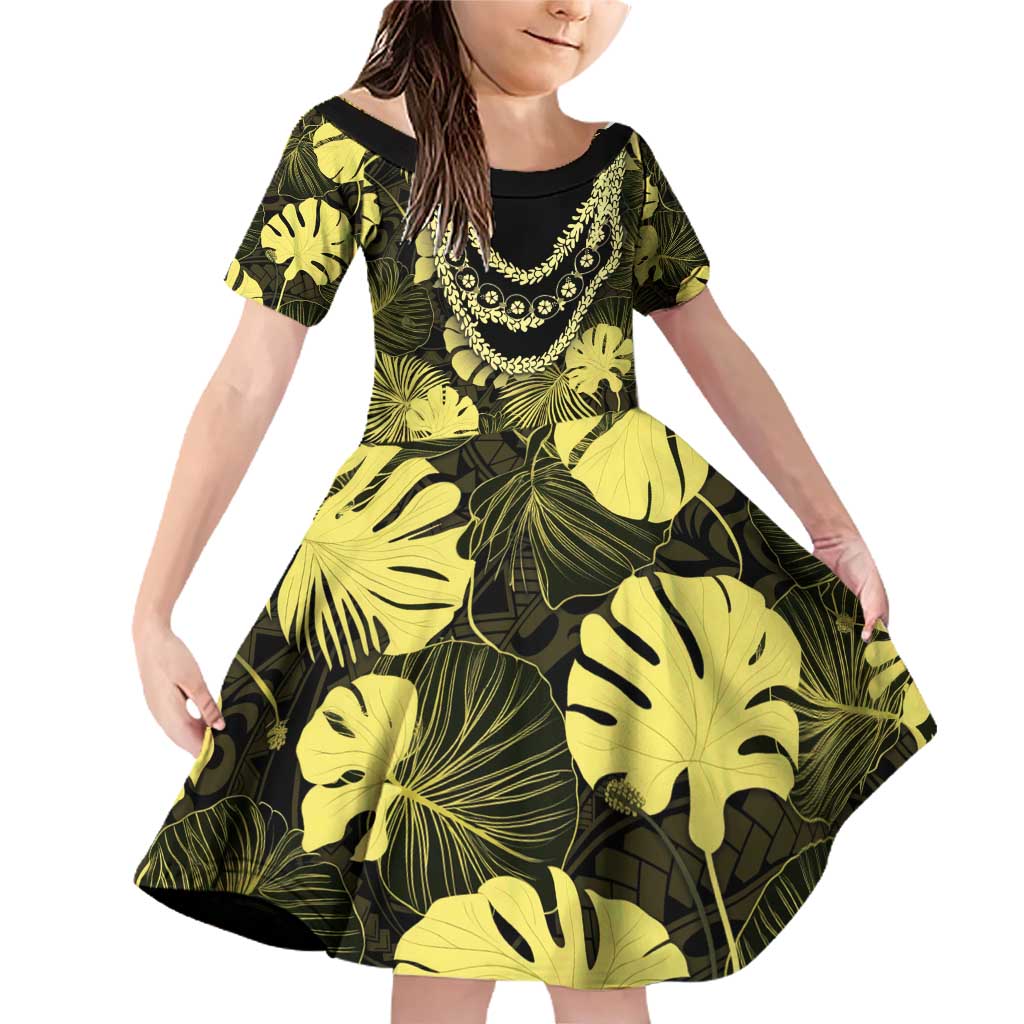 Yellow Hawaii Kukui Nut Lei Family Matching Off Shoulder Short Dress and Hawaiian Shirt Hawaiian Pattern Monstera Tropical Vibes - Polynesian Pride