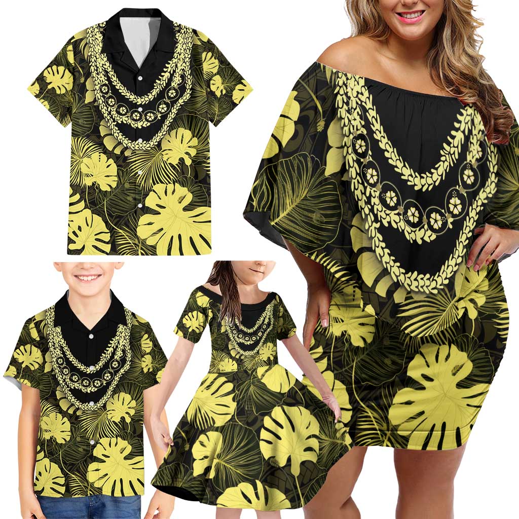 Yellow Hawaii Kukui Nut Lei Family Matching Off Shoulder Short Dress and Hawaiian Shirt Hawaiian Pattern Monstera Tropical Vibes - Polynesian Pride