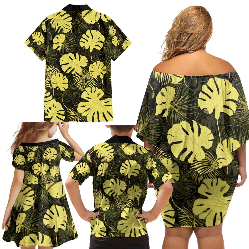 Yellow Hawaii Kukui Nut Lei Family Matching Off Shoulder Short Dress and Hawaiian Shirt Hawaiian Pattern Monstera Tropical Vibes - Polynesian Pride