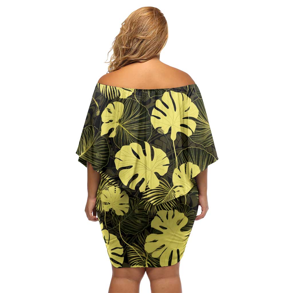 Yellow Hawaii Kukui Nut Lei Family Matching Off Shoulder Short Dress and Hawaiian Shirt Hawaiian Pattern Monstera Tropical Vibes - Polynesian Pride