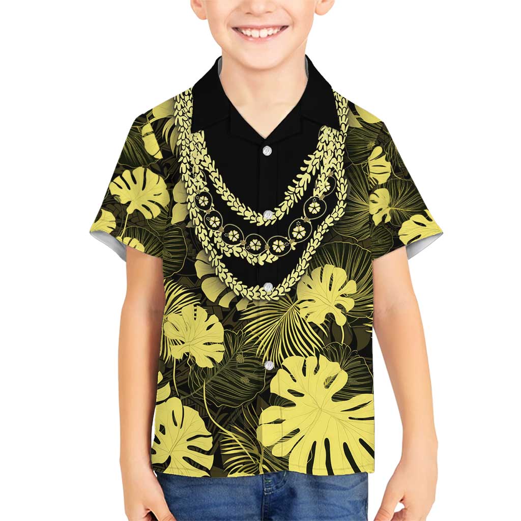 Yellow Hawaii Kukui Nut Lei Family Matching Off Shoulder Short Dress and Hawaiian Shirt Hawaiian Pattern Monstera Tropical Vibes - Polynesian Pride