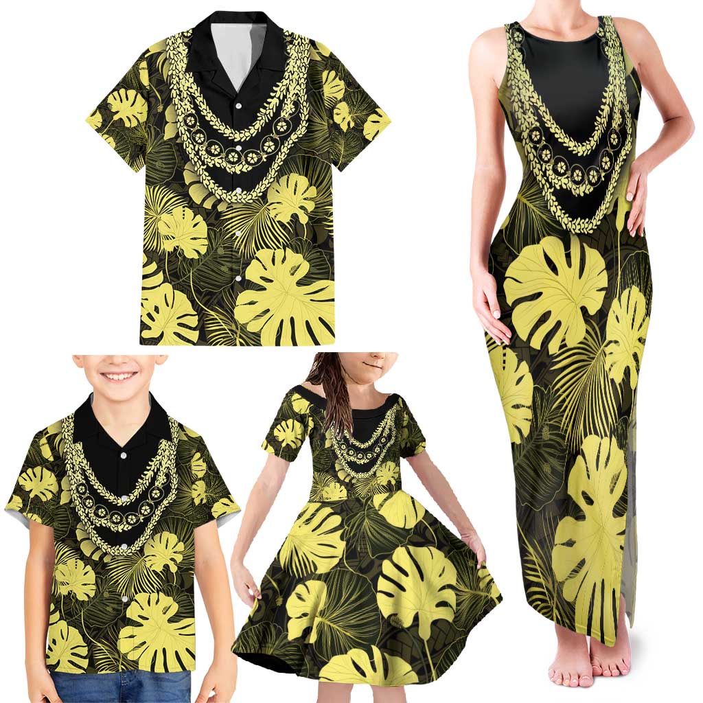 Yellow Hawaii Kukui Nut Lei Family Matching Tank Maxi Dress and Hawaiian Shirt Hawaiian Pattern Monstera Tropical Vibes - Polynesian Pride