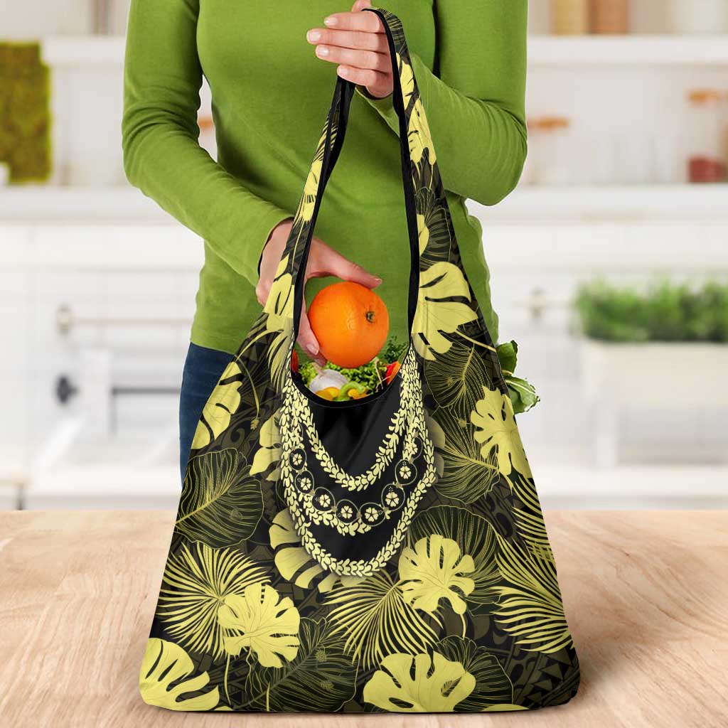 Yellow Hawaii Kukui Nut Lei Grocery Bag Hawaiian Pattern Monstera Tropical Vibes - Polynesian Pride