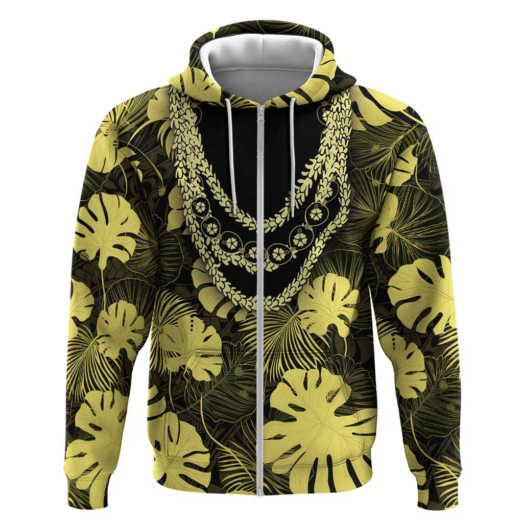 Yellow Hawaii Kukui Nut Lei Hoodie Hawaiian Pattern Monstera Tropical Vibes - Polynesian Pride