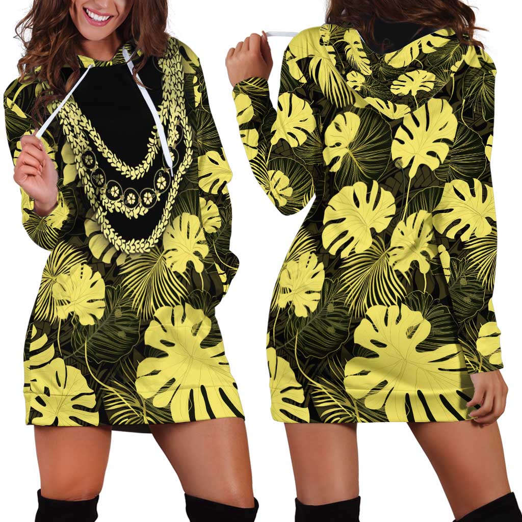 Yellow Hawaii Kukui Nut Lei Hoodie Dress Hawaiian Pattern Monstera Tropical Vibes - Polynesian Pride