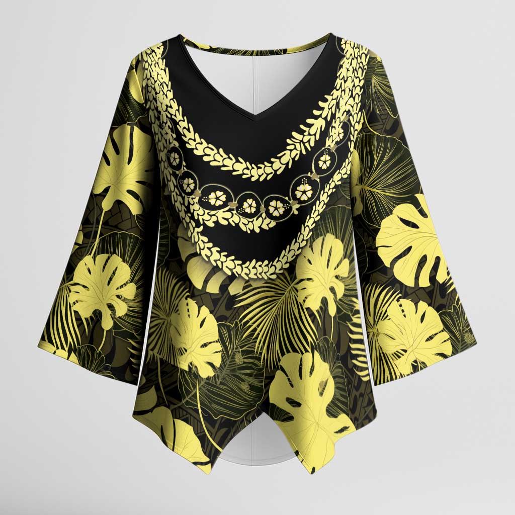 Yellow Hawaii Kukui Nut Lei Kimono Sleeve Blouse Hawaiian Pattern Monstera Tropical Vibes - Polynesian Pride