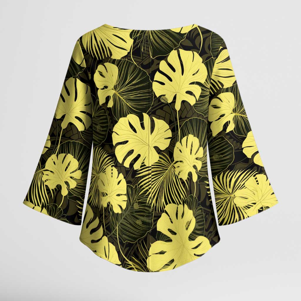 Yellow Hawaii Kukui Nut Lei Kimono Sleeve Blouse Hawaiian Pattern Monstera Tropical Vibes - Polynesian Pride