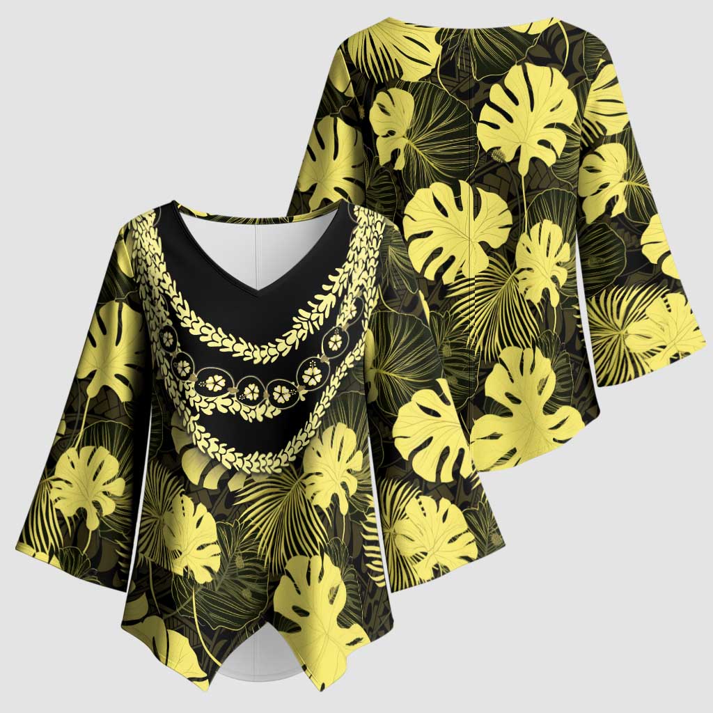 Yellow Hawaii Kukui Nut Lei Kimono Sleeve Blouse Hawaiian Pattern Monstera Tropical Vibes - Polynesian Pride