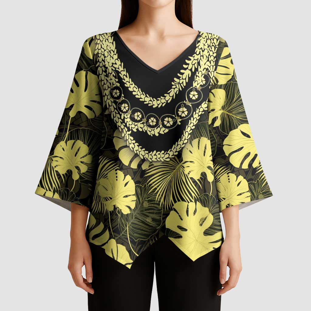 Yellow Hawaii Kukui Nut Lei Kimono Sleeve Blouse Hawaiian Pattern Monstera Tropical Vibes - Polynesian Pride