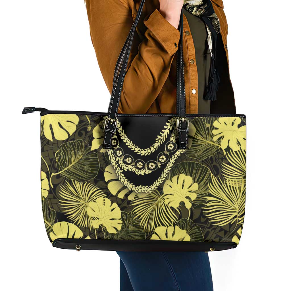 Yellow Hawaii Kukui Nut Lei Leather Tote Bag Hawaiian Pattern Monstera Tropical Vibes - Polynesian Pride