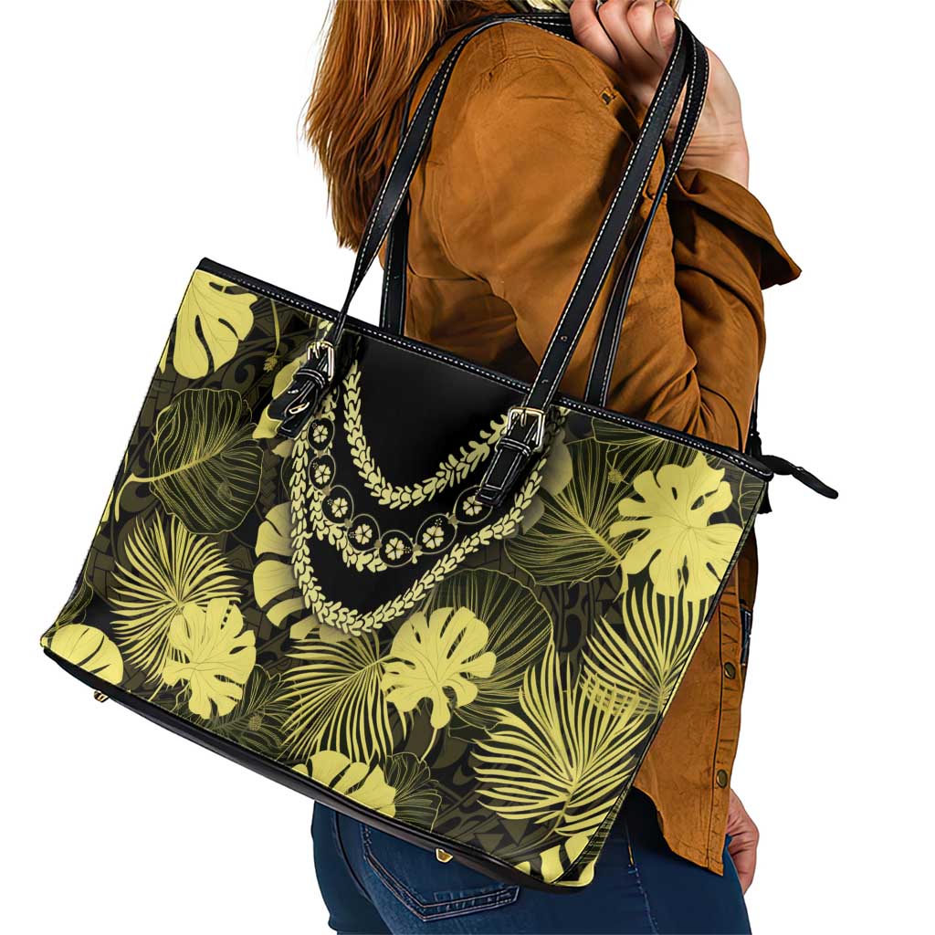 Yellow Hawaii Kukui Nut Lei Leather Tote Bag Hawaiian Pattern Monstera Tropical Vibes - Polynesian Pride
