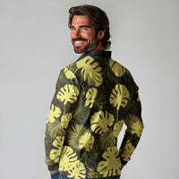 Yellow Hawaii Kukui Nut Lei Long Sleeve Polo Shirt Hawaiian Pattern Monstera Tropical Vibes - Polynesian Pride