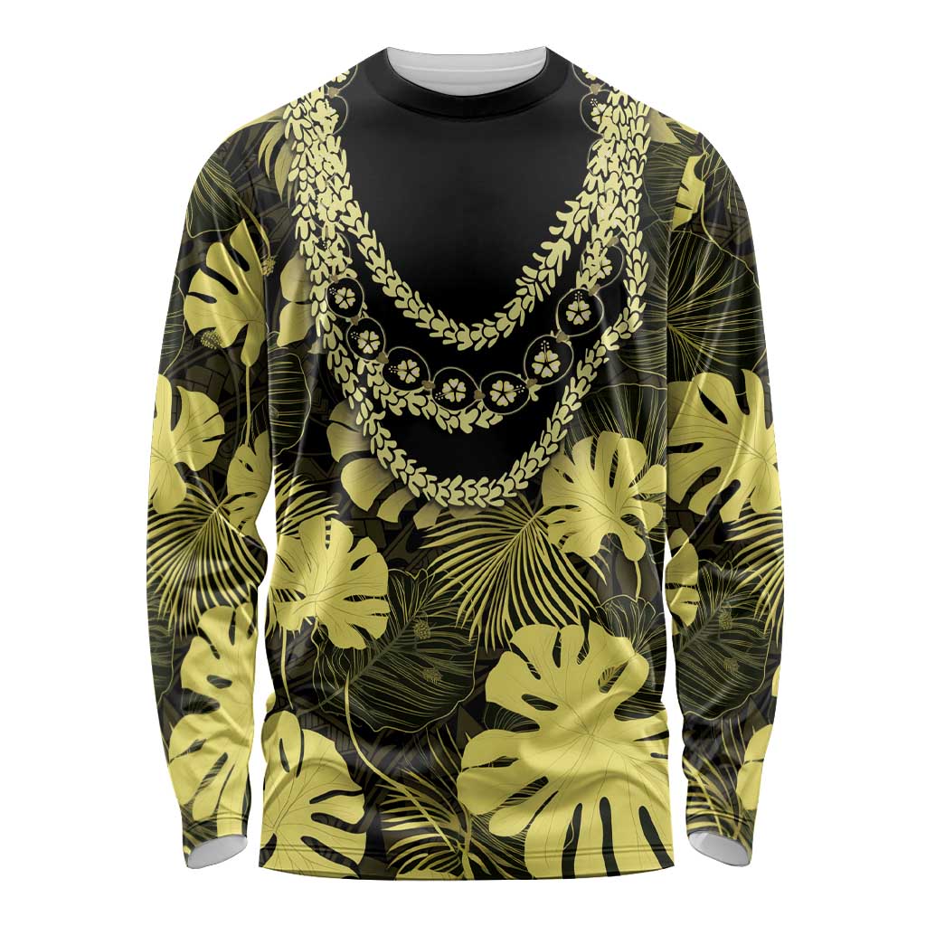 Yellow Hawaii Kukui Nut Lei Long Sleeve Shirt Hawaiian Pattern Monstera Tropical Vibes - Polynesian Pride